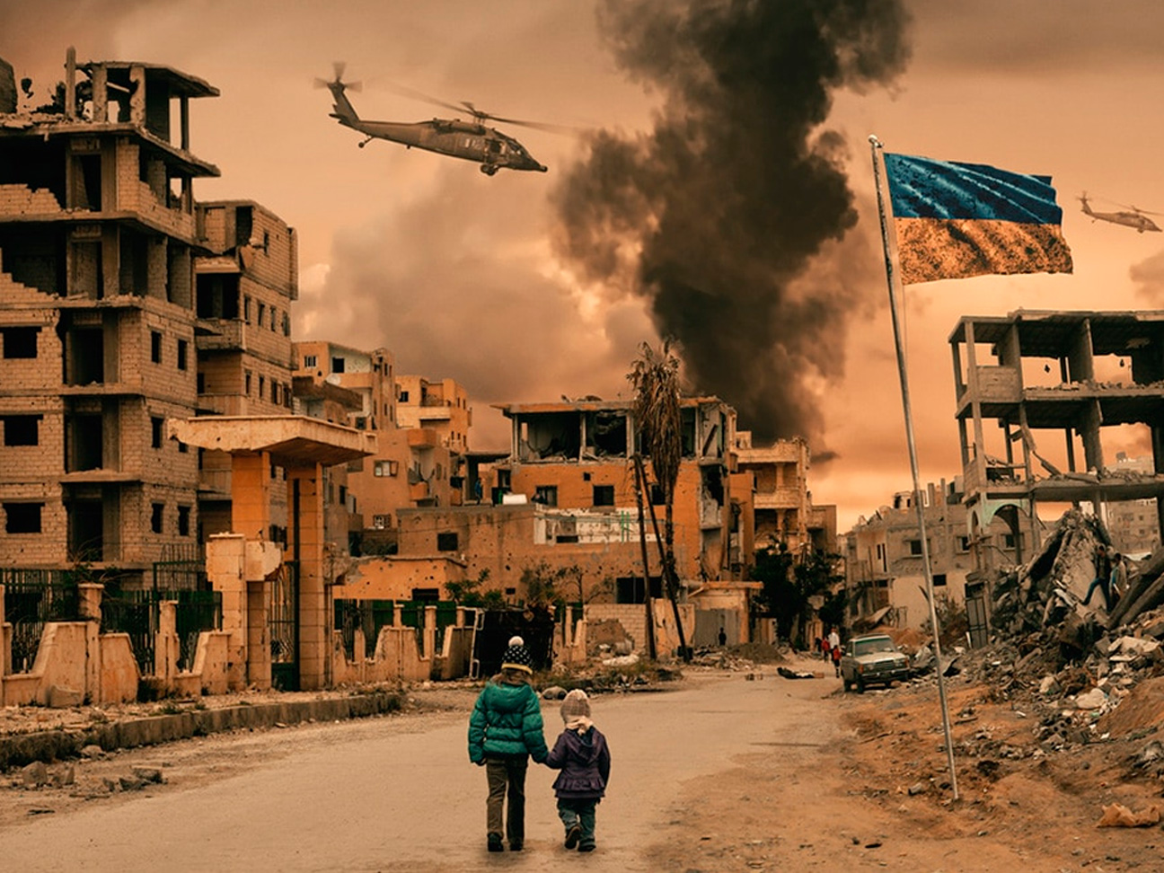 Niños Caminando en Medio del Horror de la Guerra